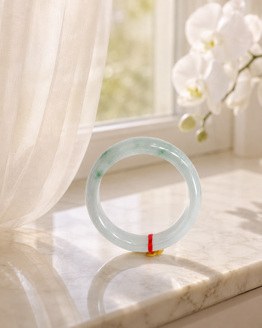 Treated Jadeite Bangle - White Base Floating Flower