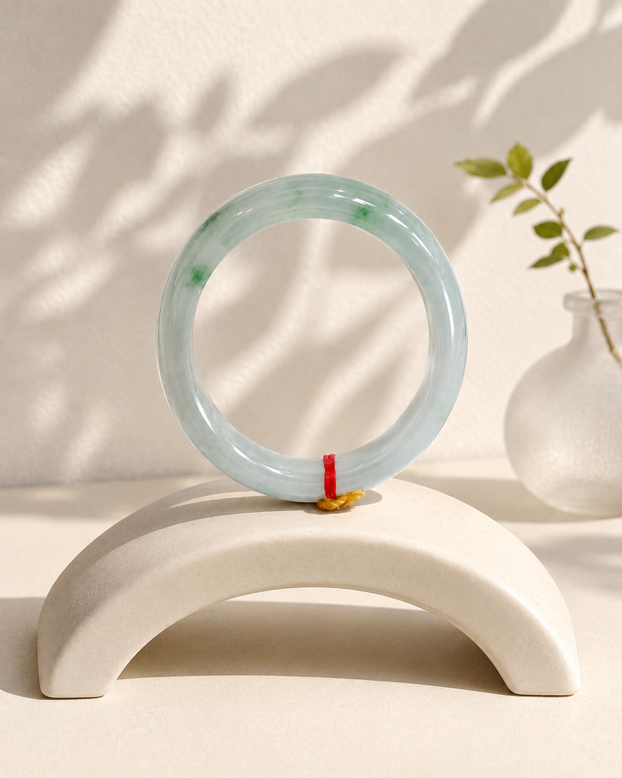 Treated Jadeite Bangle - White Base Floating Flower