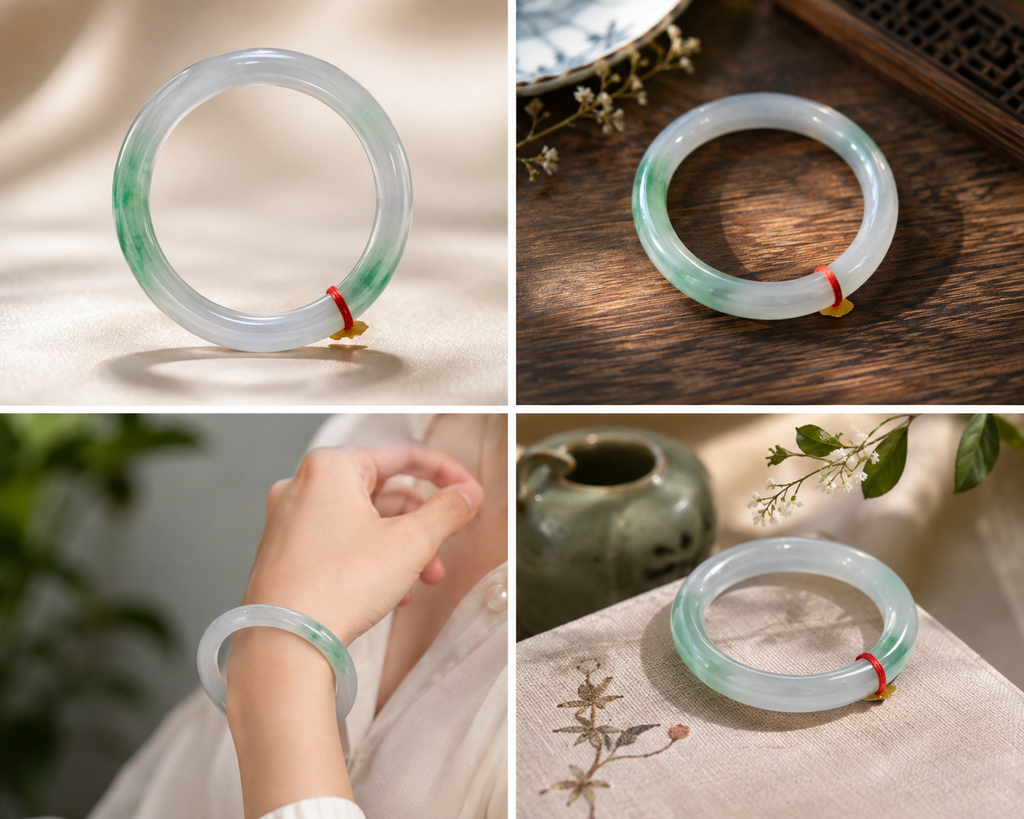 Treated Jadeite Bangle - White Base Green Pattern