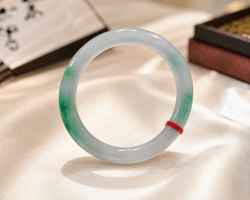 Treated Jadeite Bangle - White Base Green Pattern