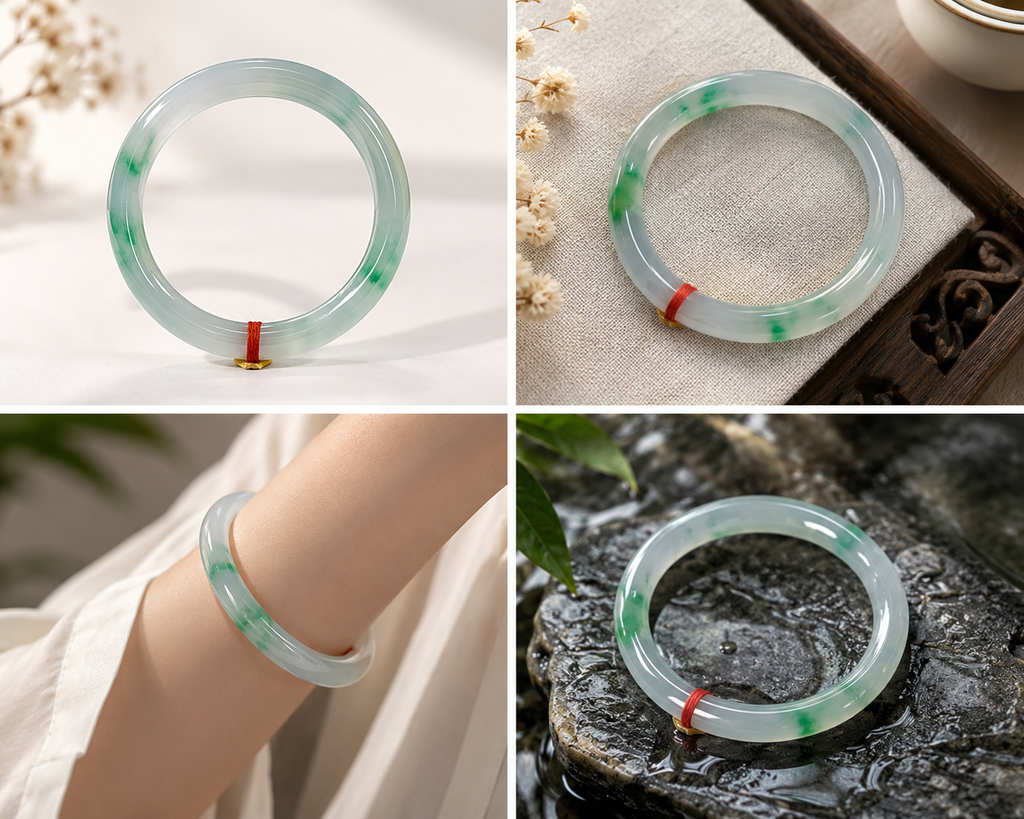 Treated Jadeite Bangle - White Base Green Pattern