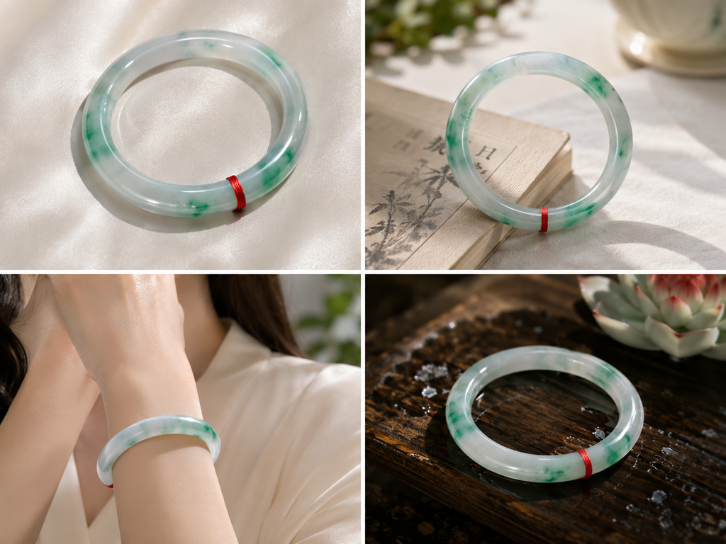 Treated Jadeite Bangle - White Base Green Pattern