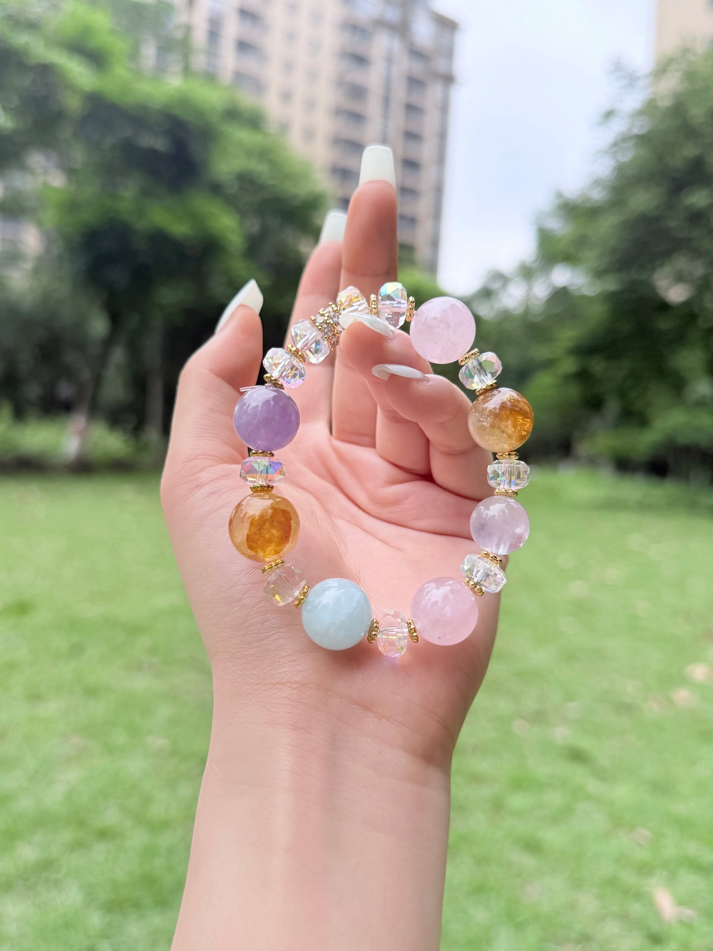 天然多晶手鍊 — 粉晶、黃水晶、紫水晶與海藍寶 — 14mm