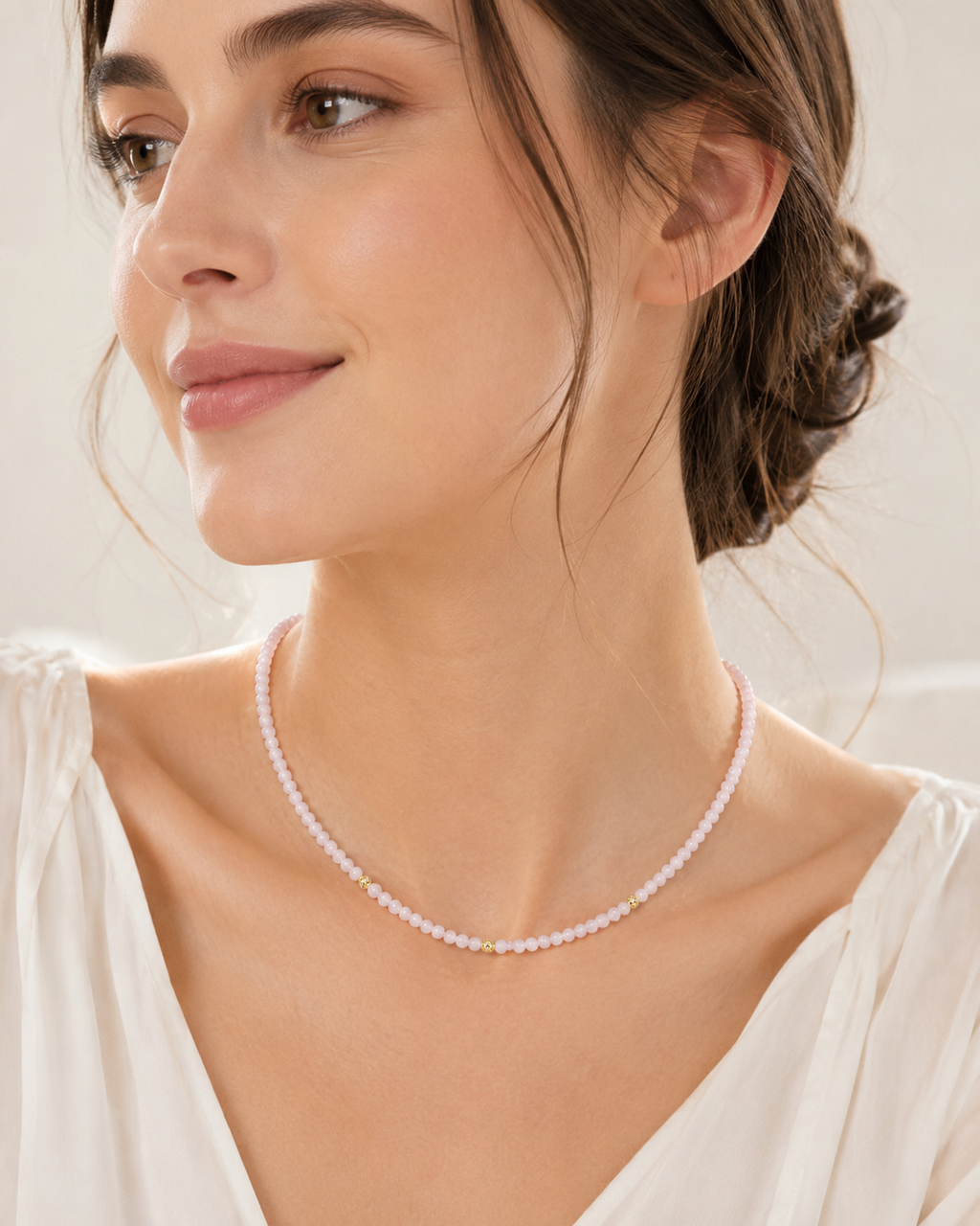 Jade Bead Necklace - White and Pink Tone