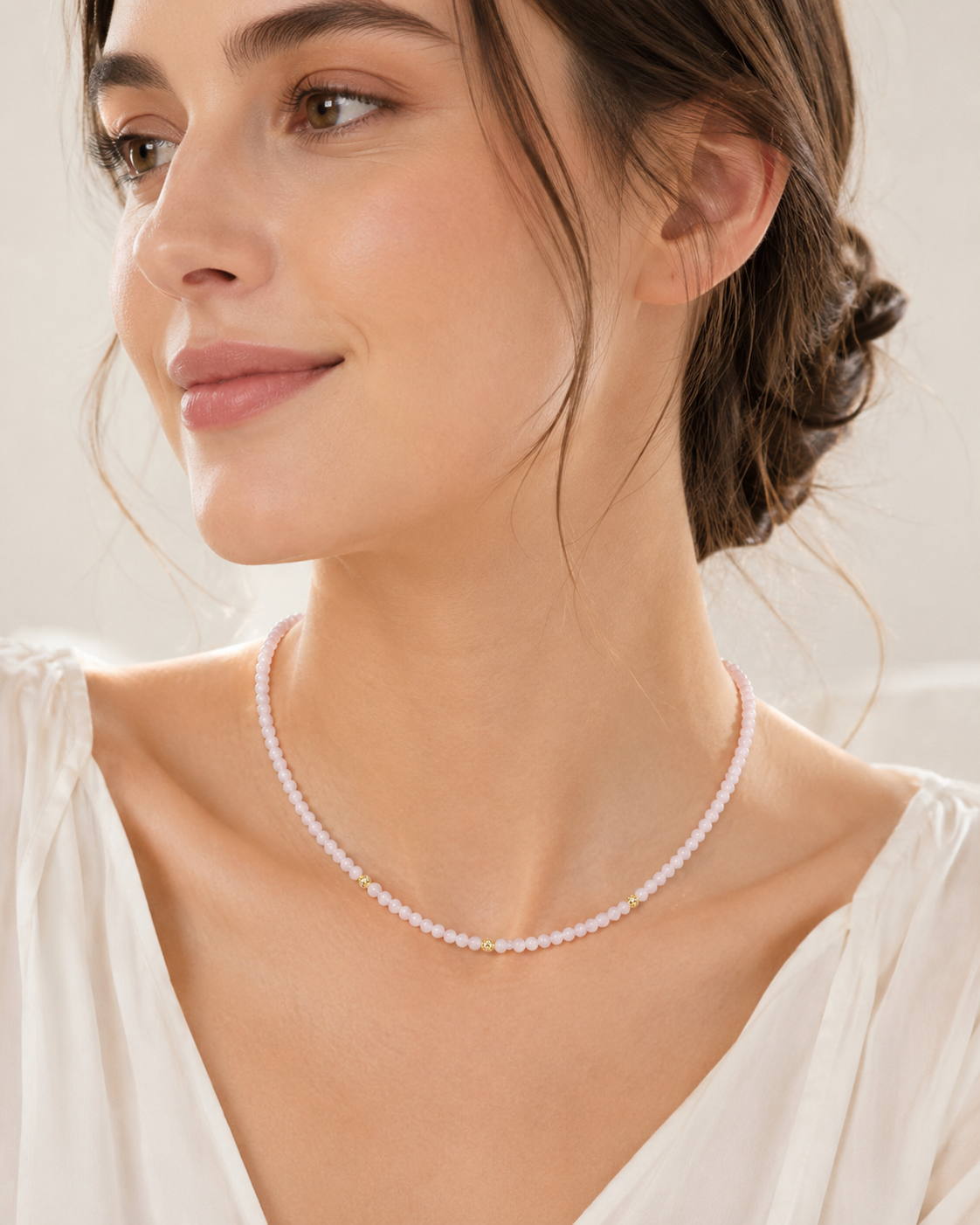 Jade Bead Necklace - White and Pink Tone