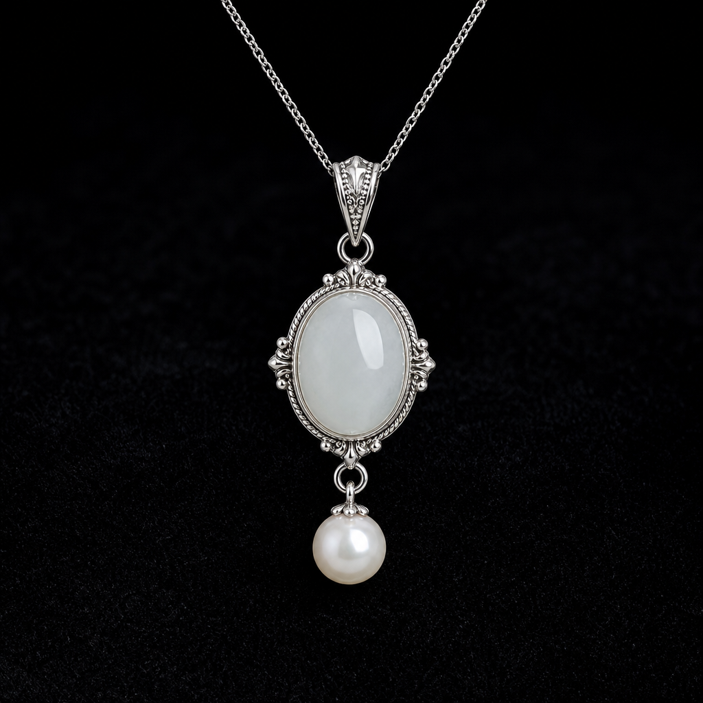 Natural Quartzite Jade & Pearl Pendant in 925 Silver - Vintage Drop