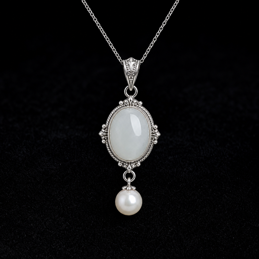 Natural Quartzite Jade & Pearl Pendant in 925 Silver - Vintage Drop
