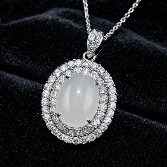 Natural Quartzite Jade Pendant in 925 Silver - Double Halo (Custom Made)