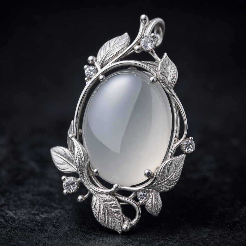 Natural Quartzite Jade Pendant in 925 Silver - Vine & Leaf (Custom Made)