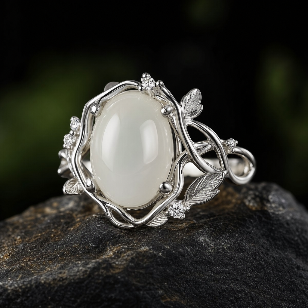 Natural Quartzite Jade Ring in 925 Silver - Vine Wrap (Custom Made)