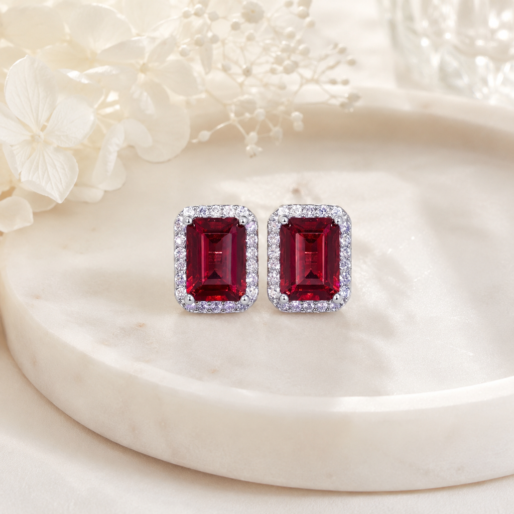 Natural Garnet Stud Earrings in 925 Sterling Silver, 5×7mm Gemstones