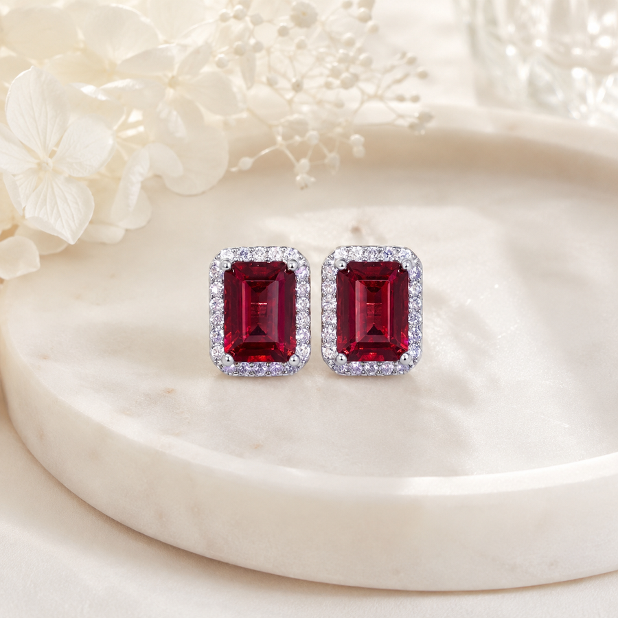 Natural Garnet Stud Earrings in 925 Sterling Silver, 5×7mm Gemstones