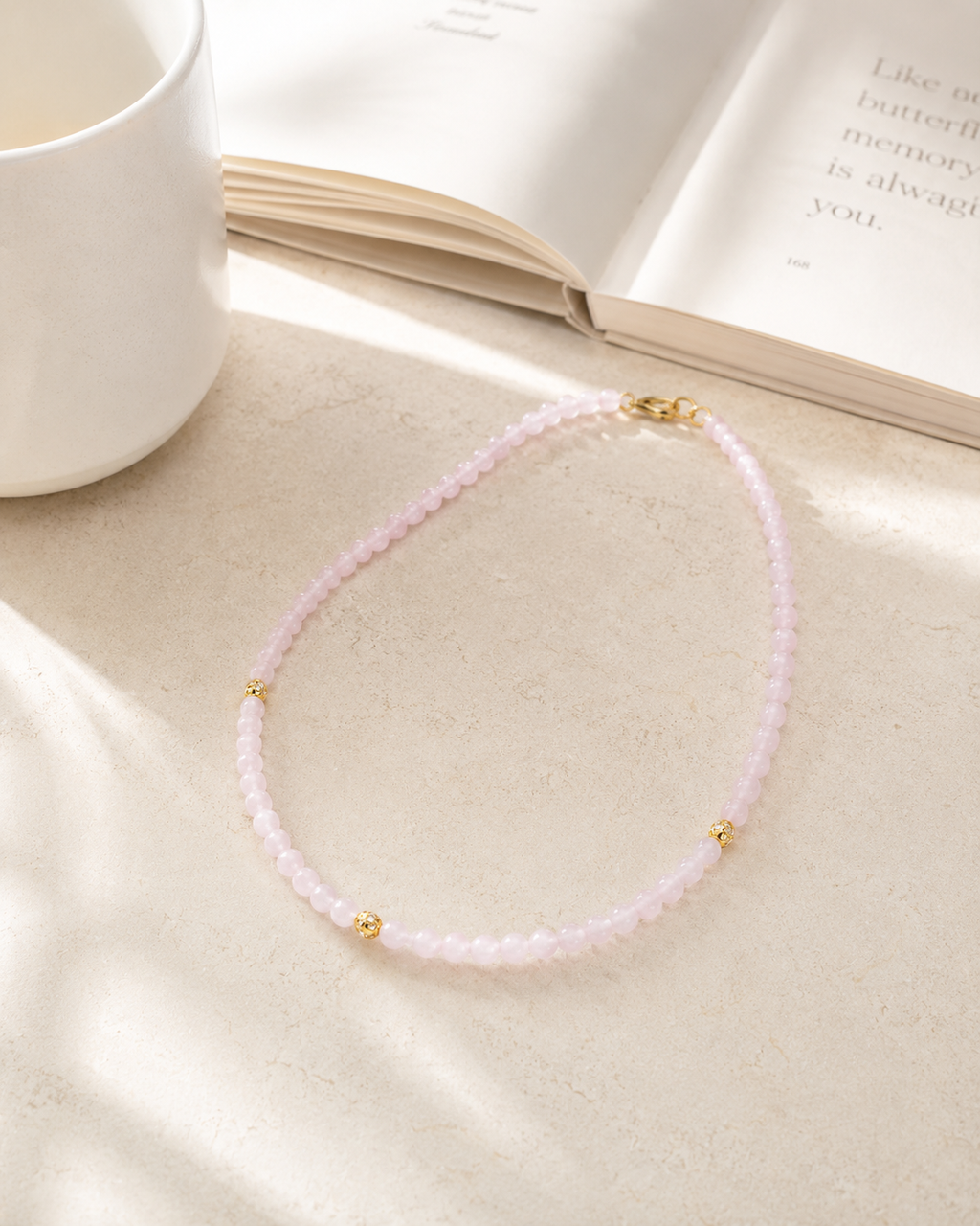 Jade Bead Necklace - White and Pink Tone