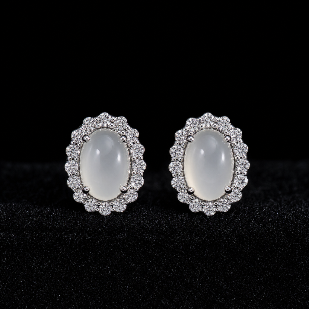 Natural Quartzite Jade Stud Earrings in 925 Silver - Halo (Custom Made)