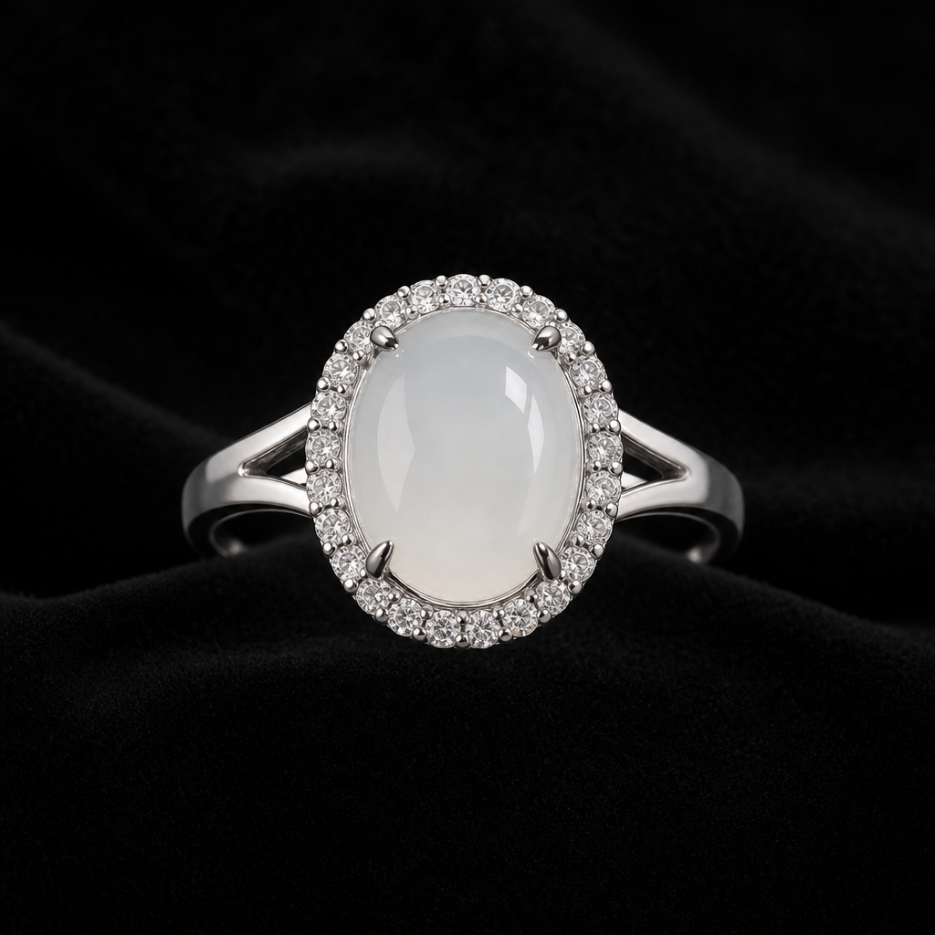 Natural Quartzite Jade Ring in 925 Silver - Halo Cabochon (Custom Made)