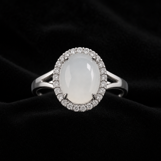 Natural Quartzite Jade Ring in 925 Silver - Halo Cabochon (Custom Made)