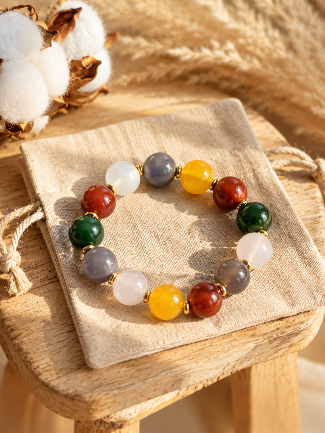 Five-Color Agate Beaded Bracelet - 14mm