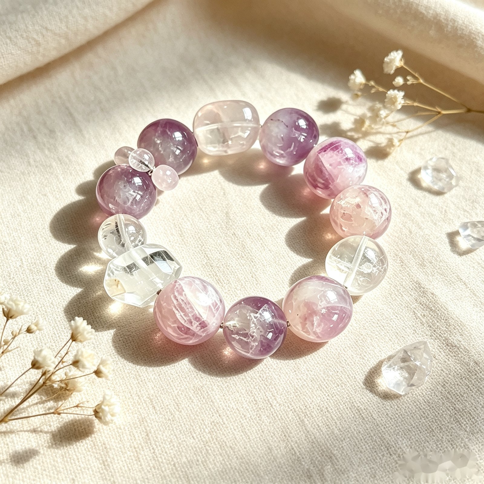 Small-batch pink and lavender natural crystal bracelet selected by MaisonYiqi
